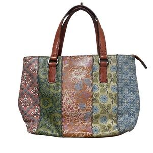 Fossil Patchwork Floral Leather Trim Zip Tote Multicolor Women Handbag